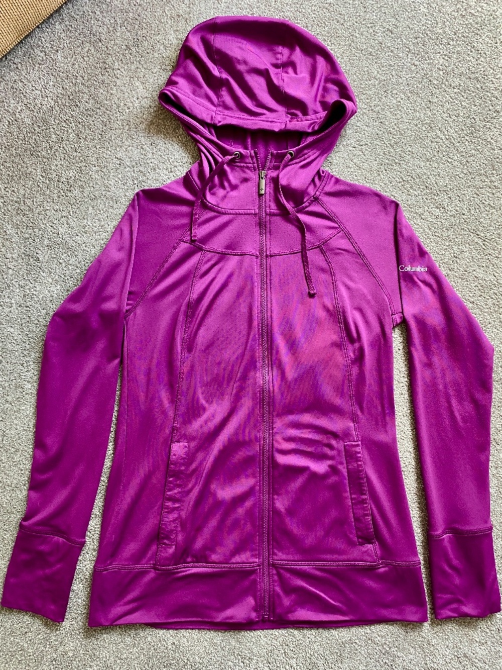 Ladies Columbia Sweatshirt Size Small Full Zipper Purple Hooded Pockets Long
